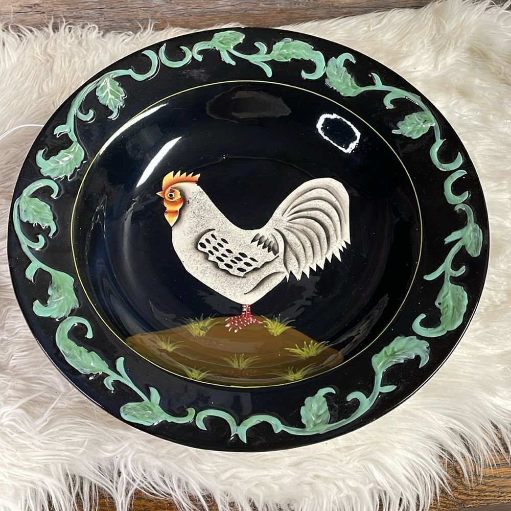 Midnight Rooster Large Serving Bowl Decor, 13” Diameter, Black